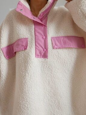 H&M Sherpa Fleece Pullover Jacket Half Snap Ivory with Pink Size M Oversized